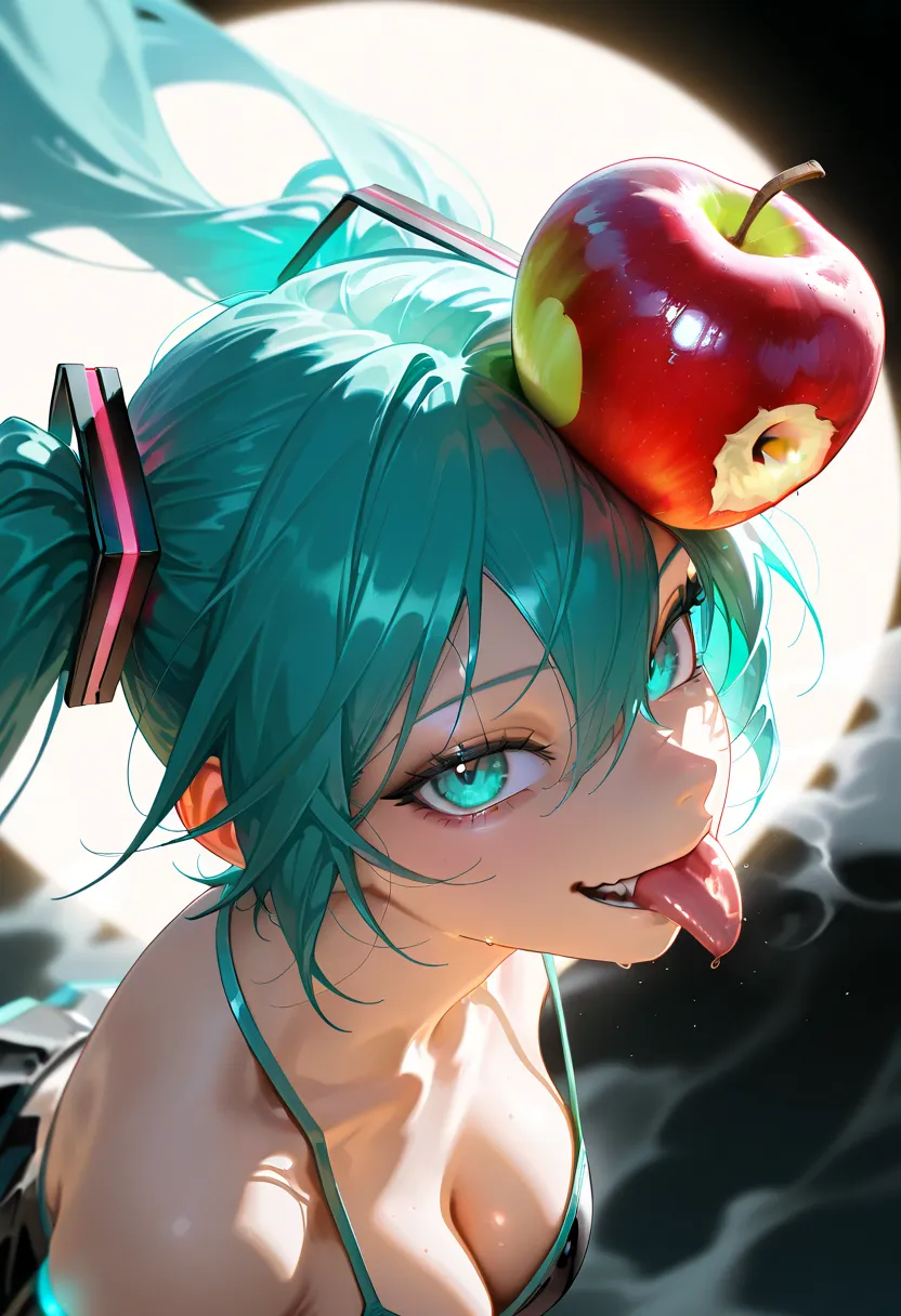 masterpiece, best quality, amazing quality, very aesthetic, absurdres,  newest, scenery,  Hatsune Miku,black background,blacklight,looking at viewer,apple,fog,from_side,from_above,large_breasts,cleavage,evil smile,tongue,lick the apple,close-up,tongue clos...