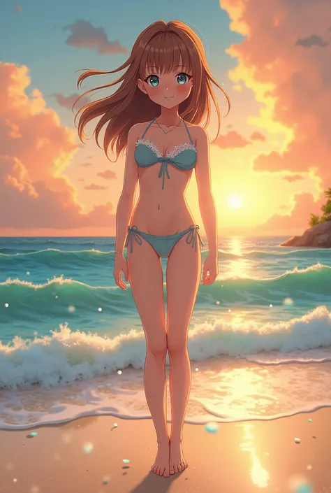 "A breathtaking anime-style illustration in the iconic visual aesthetic of Makoto Shinkai, featuring a youthful girl standing on a sunlit beach at golden hour. Her silky waist-length chestnut hair flows gracefully in the coastal breeze, strands catching th...