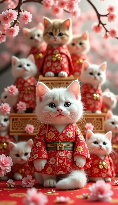 Kittens cosplaying as Hina dolls at the Japanese Hinamatsuri　Background 5 tier Hinadan decoration　Peach Fable Sentence　Five person bayashi playing a musical instrument
Realistic photo images　

