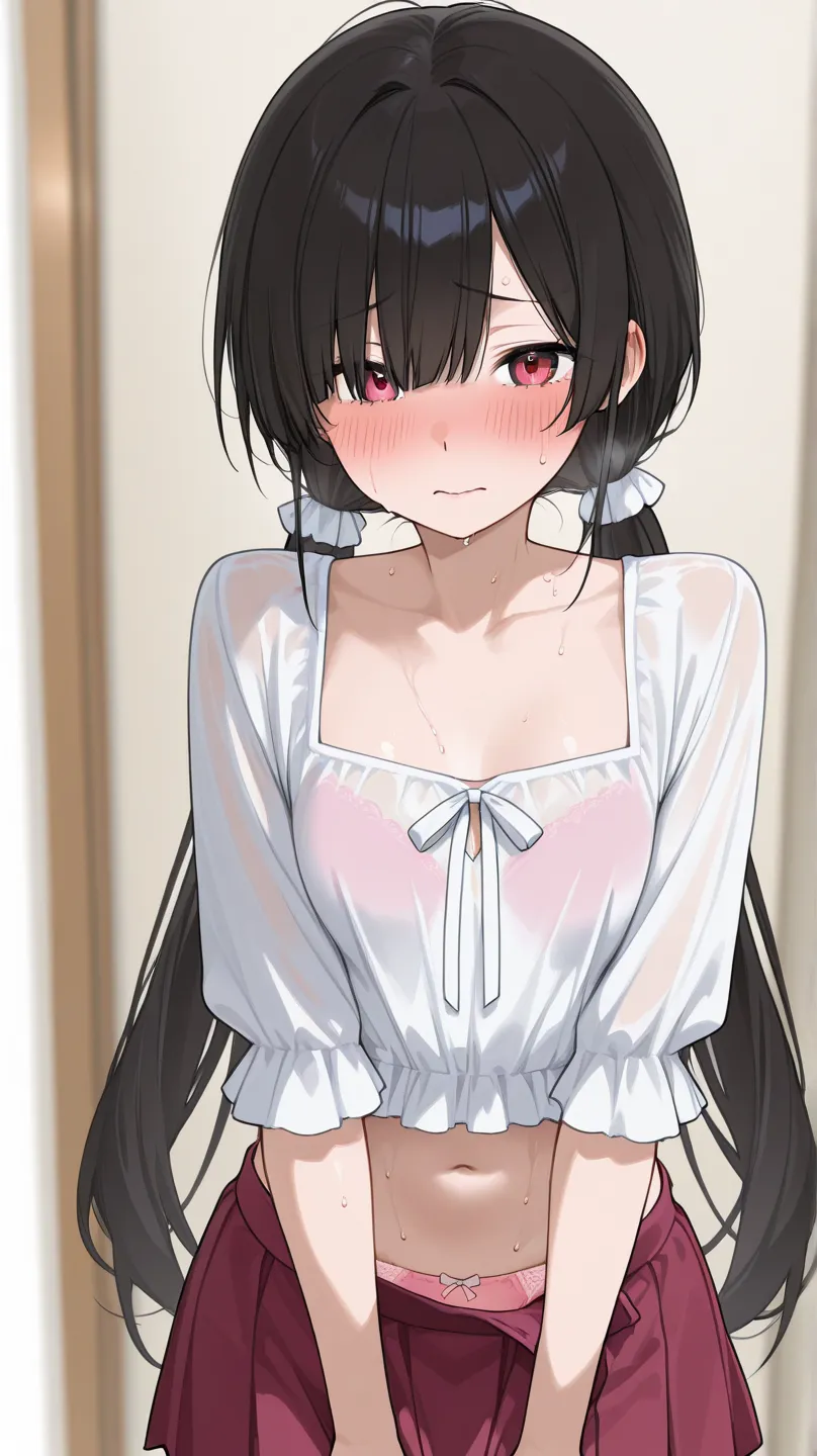 long twin tails、medium chest、thin body、miniskirt with visible panties、sweaty white blouse、pink underwear、embarrassed face