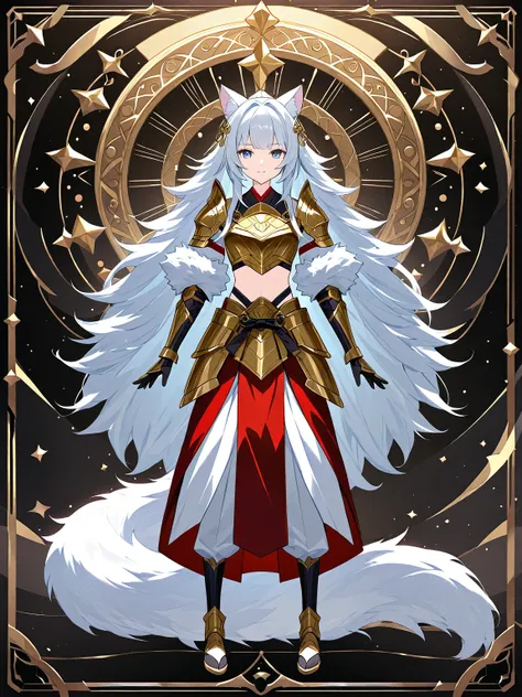 A full-body character sheet of a white-haired catgirl samurai in a three-view style (front, side, back). She wears a white and red kimono-inspired warrior outfit with black and gold armor elements, an exposed midriff, and intricate golden decorations. She ...