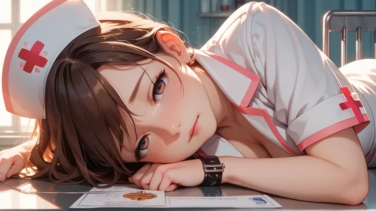 Best picture quality, soft light, super high quality, one Japanese woman, cute, half-open eyes, restrained face down on operating table, shy face having intense sex (9.0), long burnt brown hair, nurse's lab coat, close-up of face