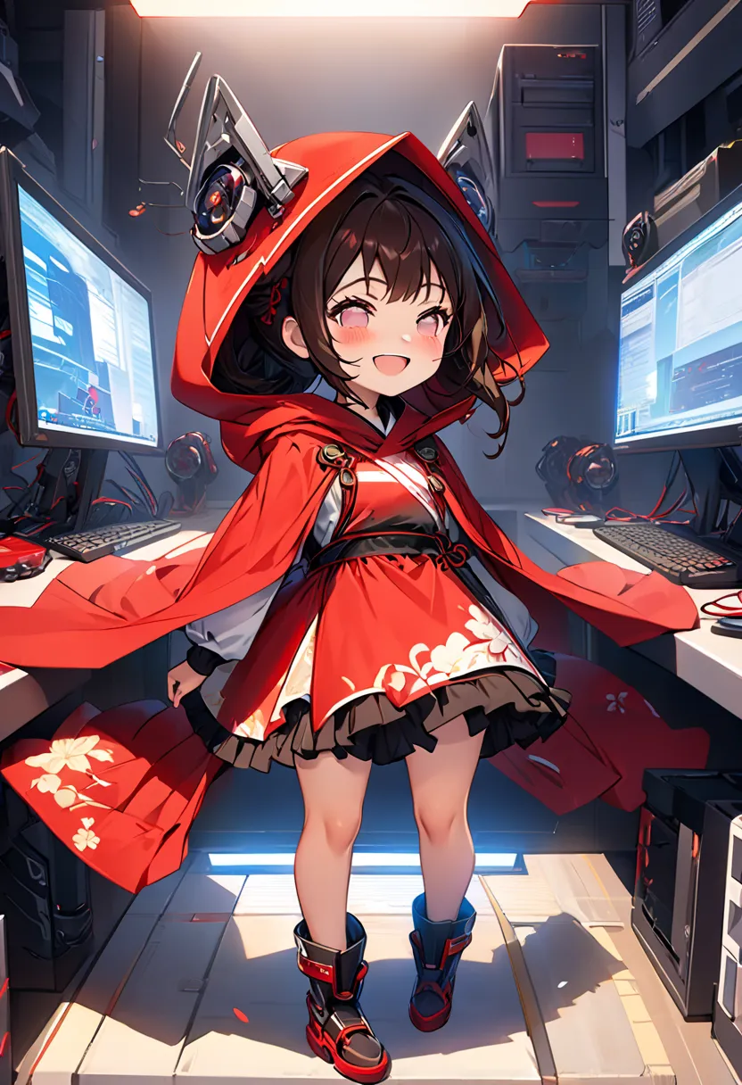 The photo is (cute)  Adeptus Mechanics daughter . Her gaze is sharp,  and her face is hidden under a monitor and mask with LEDs.  highlights her strength and uniqueness in a world of technology , And her outfit 、 technology ,  big head, cute girl, red cloa...