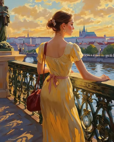 V.V. style,   , oil painting, Leaning back against the bridge railing, holding a handbag with both hands, waiting for someone, woman, on Charles Bridge, Praha cityscape, Vltava, old townscape, statue of a saint, stunning views of the illuminated Charles Br...