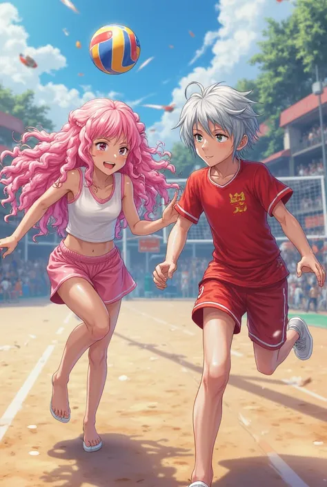 pink haired girl and grey haired boy
The boy is wearing a red uniform and is playing volleyball
The girl has long and curly hair
Boys' hair is straight

