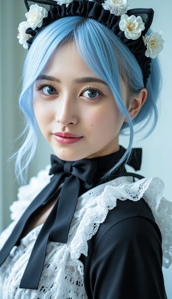 full body、 short hair,  Pastel Blue Hair  、and is styled in a black headband featuring white flowers and ear-like accents.  she says 、wears black and white maid clothes that accentuate her playful and cute beauty , Decorated with lace and ribbons, in、has s...