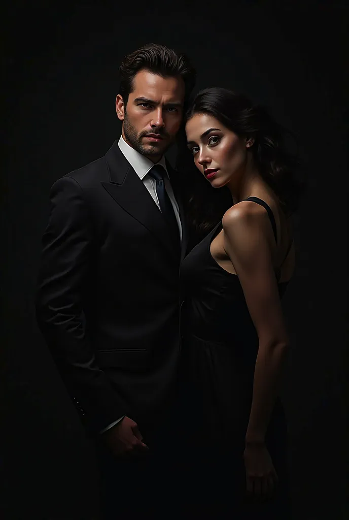 Can you make him more handsome and wear a suit and her with a black dress and a black background 