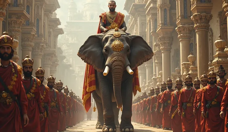 His soldiers surrounded him. Many ministers and followers were behind him. He was riding on a huge royal elephant.