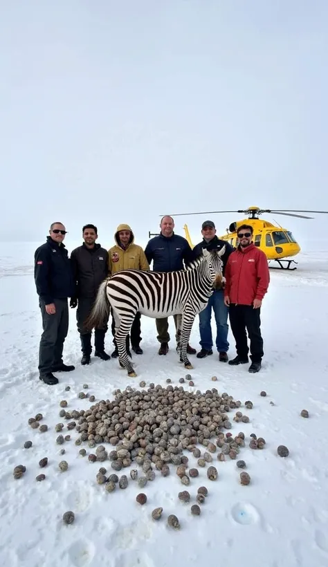 Six workers stand alongside a zebra in a vast, snow-covered landscape. The ground beneath them is scattered with sea snails that have been removed from the zebra's body. In the background, a yellow helicopter is parked, contrasting against the icy white su...