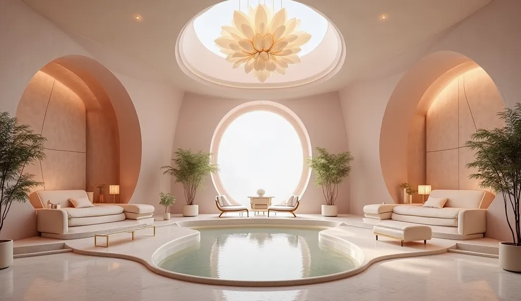 Reception Area of a luxurious medical spa treatment center: A welcoming luxurious space with soft, curved architecture resembling lotus petals. A soothing color palette of soft neutrals, blush pinks, and gold accents. A sculptural lotus-shaped chandelier, ...