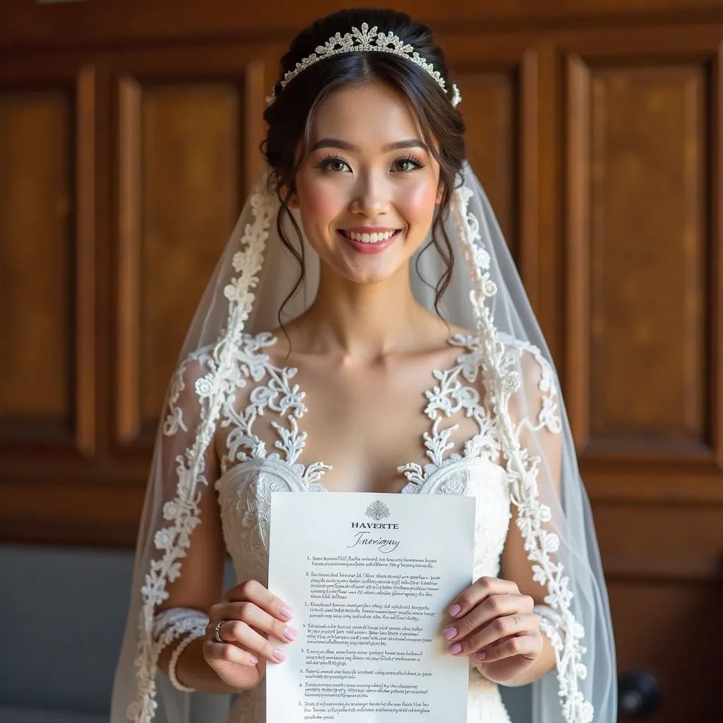 Image is a portrait-style photograph featuring a bride standing indoors. She is wearing an elegant white lace wedding dress with intricate floral patterns and sheer sleeves. Her veil is long and flowing, adorned with delicate lace trim. The bride has fair ...