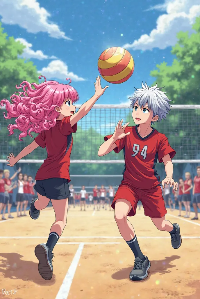 pink haired girl and grey haired boy
The boy is wearing a red uniform and is playing volleyball
The girl has long and curly hair
The boy's hair is straight, both of them are high school students