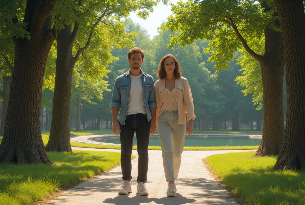 hyperrealism. A man and a woman are walking in the park with a .