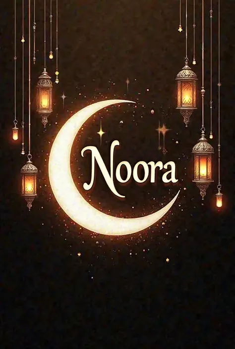 1. **Design Background**: Dark bronze background with a nice gradient and Ramadan lanterns and stars.
2. **Crescent**: White crescent in the middle of the design with small stars around it.
3. **Text**: Inside the crescent, the name "Noora" in a beautiful ...