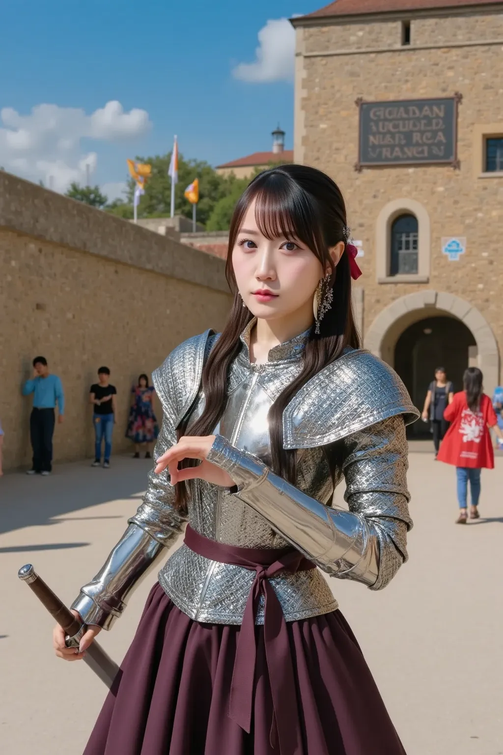 "A Japanese woman dressed as a medieval European knight, wearing shining plate armor with intricate engravings. She has a confident and noble expression, her black hair tied back in a practical yet elegant style. She holds a longsword in one hand and a dec...