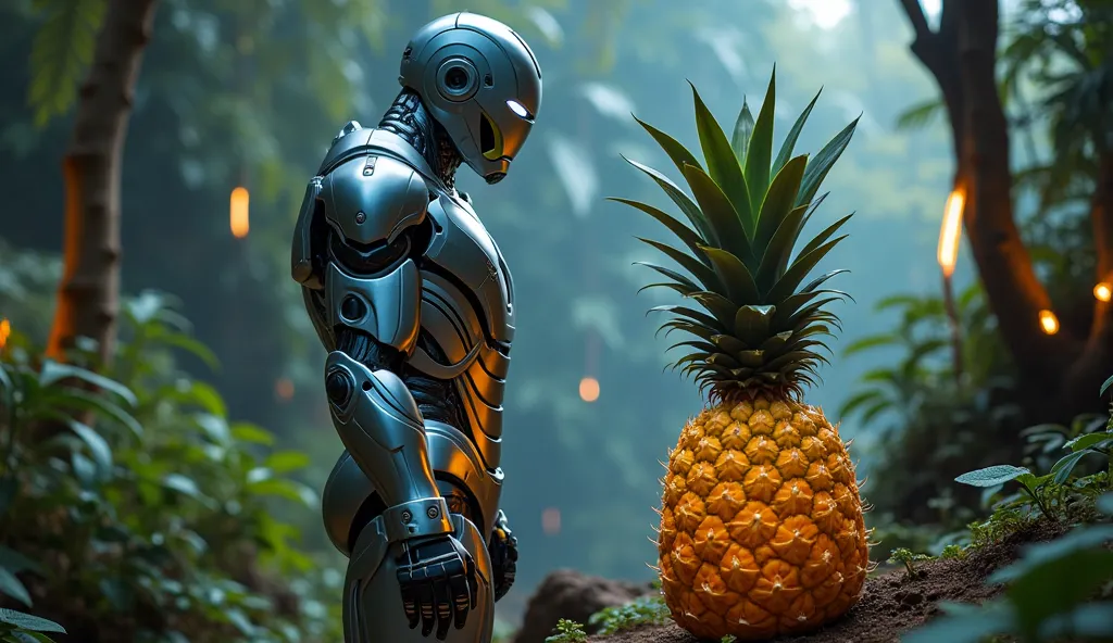 A sleek Iron Man suit stands in the midst of a dense, futuristic jungle, surrounded by bioluminescent plants and glowing, alien foliage. The suit’s metal surface gleams in the soft light, reflecting the vibrant colors of the jungle. At its feet, a large, r...