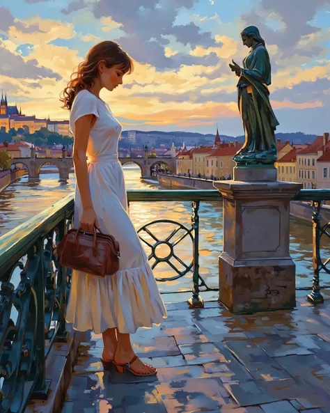 V.V. style,   , oil painting, Leaning back against the bridge railing, holding a handbag with both hands, waiting for someone, woman, on Charles Bridge, Praha cityscape, Vltava, old townscape, statue of a saint, stunning views of the illuminated Charles Br...