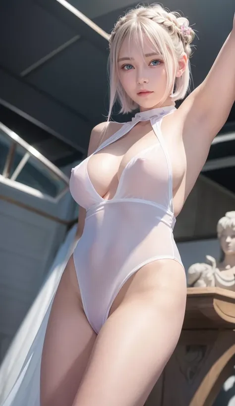 smiles、Big Breasts、white hair、short hair、 blue eyes、big eyes、smile、Goddess、9 heads、braids、pink sheer transparent bodysuit、 height 170cm、 waist 57cm、Hips 88cm、Beautiful waistline、Pretty girl、Around 20 years old、The fabric is ultra-thin 、 raise your arms abo...