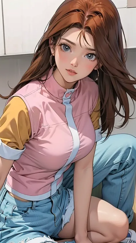   female 1 person, high image quality, Hi-Res,   super real  ,8k, serenidaddm ,  long hair,  brown hair,   pink shirt ,   blue shorts  ,   gray eyes,   big breasts,  Blue Sneakers  ,  big breasts,Europe, sexy,upper body close-up, Taken from the front , dyn...