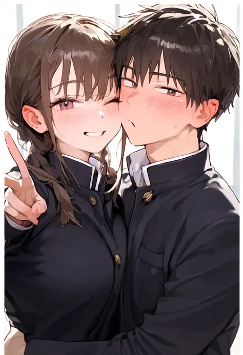 men and women　lover　couple　 boy and girl 　 pose 　student　uniform