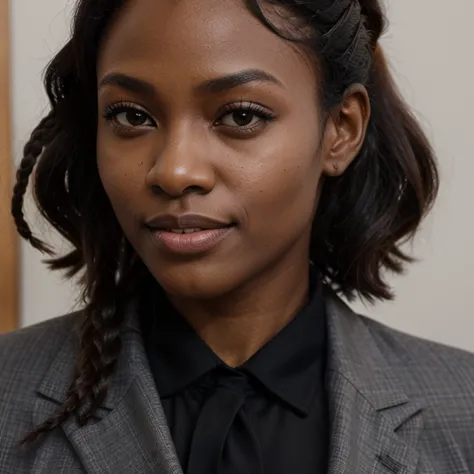 African black woman, very dark ebony skin, dreadlocks chignon, Fitness musclular body, business suit, office, close-up portrait, from face