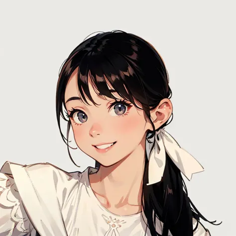  asian woman、 black hair、smile、 white ribbon、white blouse