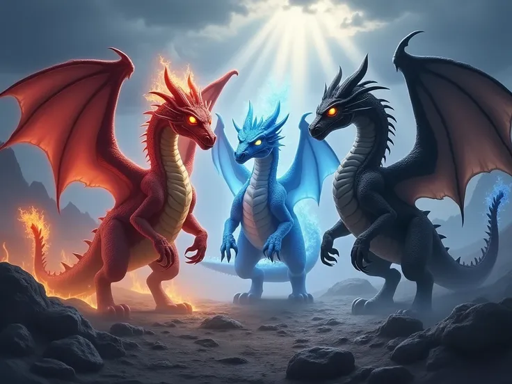 Three legendary dragons in a dark and mystical landscape. The first dragon is red, with huge wings and flames coming out of the mouth, Representing fire. the second is blue , with glowing scales, freezing eyes and icy mist around,  representing ice . The t...