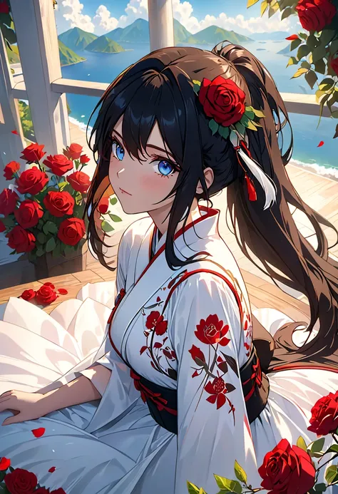  Anime Girl in a White Dress with Long Black Hair and Red Roses, tattoo, beautiful eyes in every detail, Gwaiz, Gwaiz on pixiv artstation,  detailed digital animation art, beautiful anime girl crawling on the bed, Gwaiz on artstation pixiv, anime style 4k,...