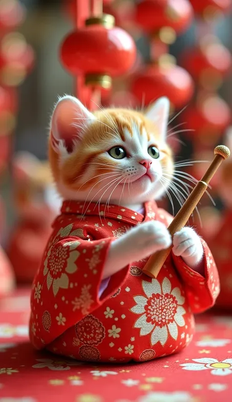 Kittens cosplaying as Hina dolls at the Japanese Hinamatsuri　Background 5 tier Hinadan decoration　 like in live action　Peach Fable Sentence　Five person bayashi playing a musical instrument
Realistic photo images　

