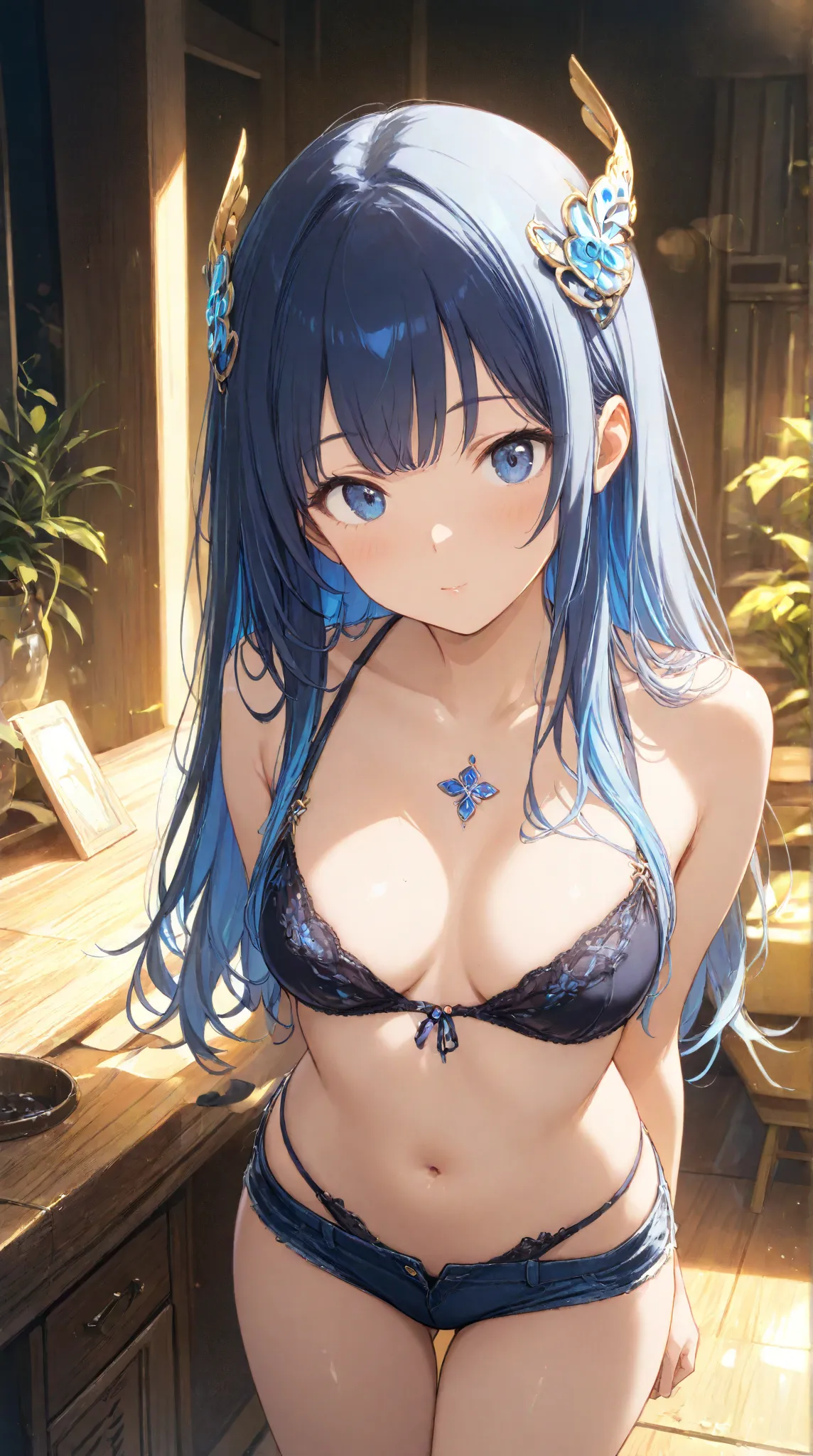 masterpiece,large breasts, long hair, (black hair1.5) , bangs, （1girl1.5）, 青リボン、Blue hairs ornament, 18 years old、breast focus、looking at viewer，full body，micro shorts