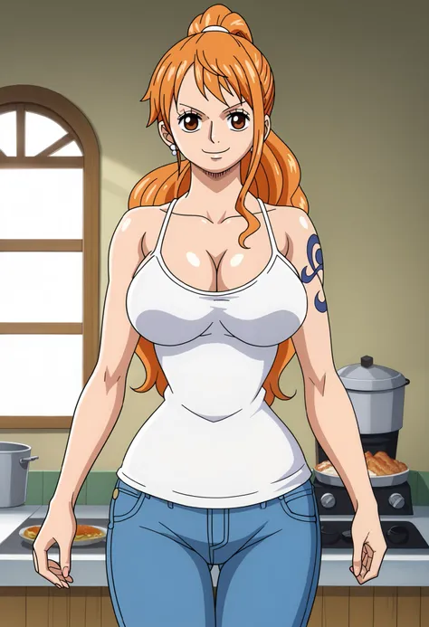 score_9_up, best quality, cowboy shot, anime_source, anime style, (SOLO:1.7), 1girl, Nami, orange hair, (white comesole:1.4), morning, (ponytail:1.7),  (serious smile:1.3), (curvy body:0.7),), (slightly looking at the viewer:1.2) (Medium breasts:1.5), jean...