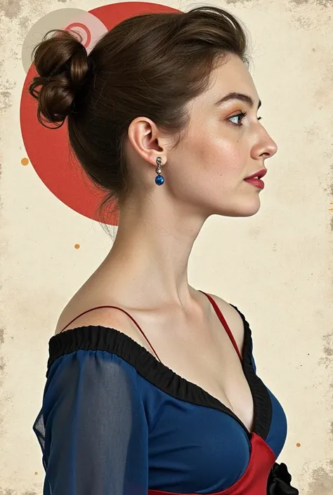 ```
[Portrait de profil d'une figure féminine stylisée. Son visage est composé de formes géométriques et de textures, avec un seul œil sombre visible. elle porte un haut bleu sarcelle, décolleté impressionnant,  blouse victorienne , la partie rouge un cerc...