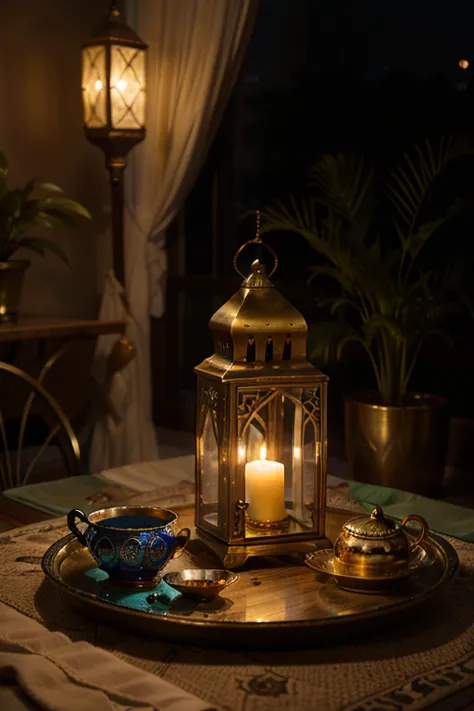 A beautifully ornate Moroccan lantern (a traditional metal or glass fanoos) sits at the center of the composition, glowing softly with warm, golden light. The lantern is placed on a intricately carved wooden table, surrounded by delicate rose petals and sp...