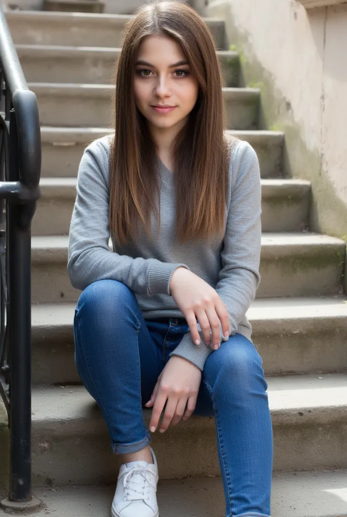 woman sitting on a staircase. Has a thin sweater on. Eine Jeans und Turnschuhe Stil Fotorealistisch,  sharp focus, very detailed, sunlight, Detail , Fotoreal,  full body