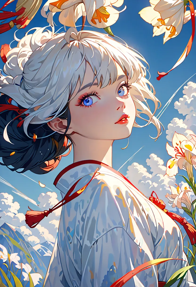 _James Jean, Figure of a floating woman made of ribbons, cigarette, In the sky,  Breathtaking Views ,  Mysterious Colors , modern impressionism, Portrait of Zheng Yanjun , Iris Painting, 3/4 Perspective View,  cute face ,  low angle,  Composition drawing a...