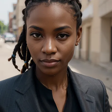 African black woman, very dark ebony skin, dreadlocks chignon, Fitness musclular body, business suit, street, close-up portrait, from face