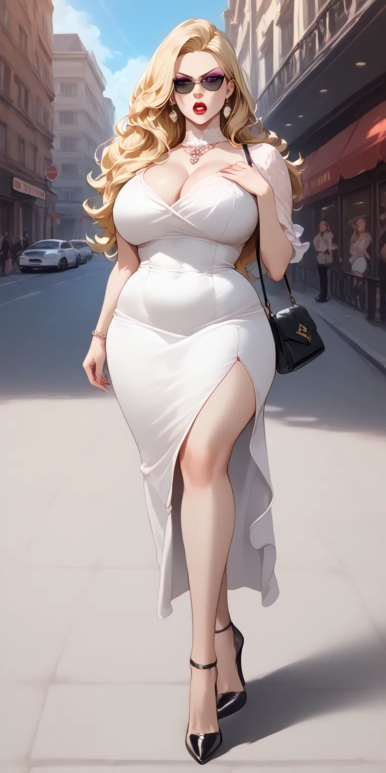 An extremely sexy beautiful woman with blonde long hair, bright pink eyes, extremely fair white skin, and big plump red lips. She's wearing a revealing short thin white dress with black sunglasses and black heels, a sexy angry expression, standing straight...