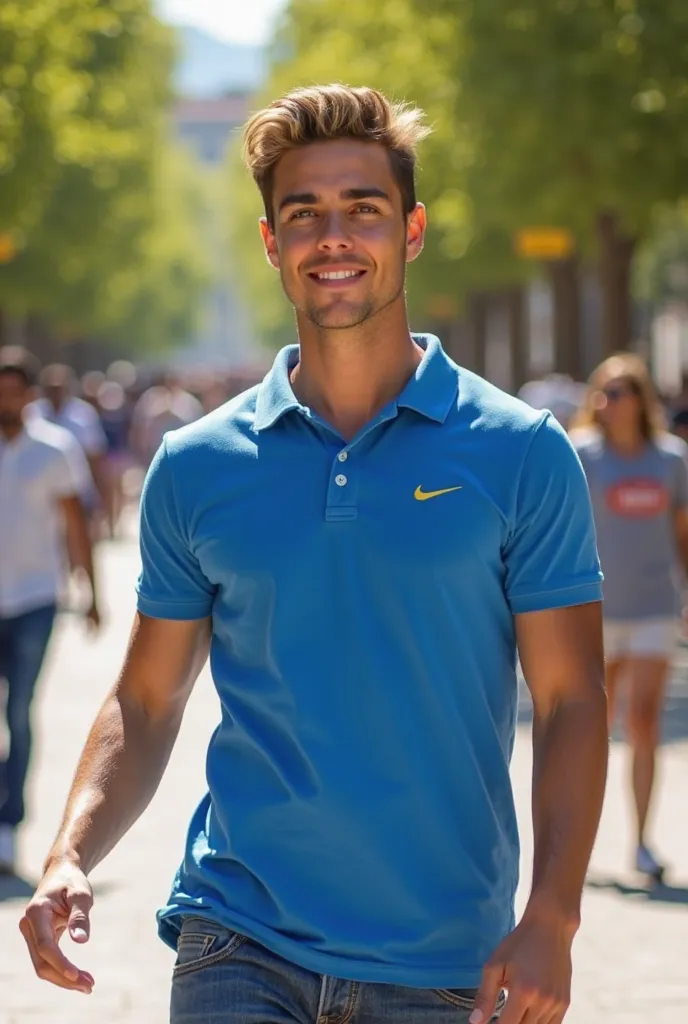 Adán Plata, 21 years old. Athletic build. Light brown hair, almost golden in the sun, always combed back or in a controlled mess. Blue eyes. Tanned skin, wearing blue polo shirt, tight jeans, open hands, comfortable attitude. The place a busy and beautiful...