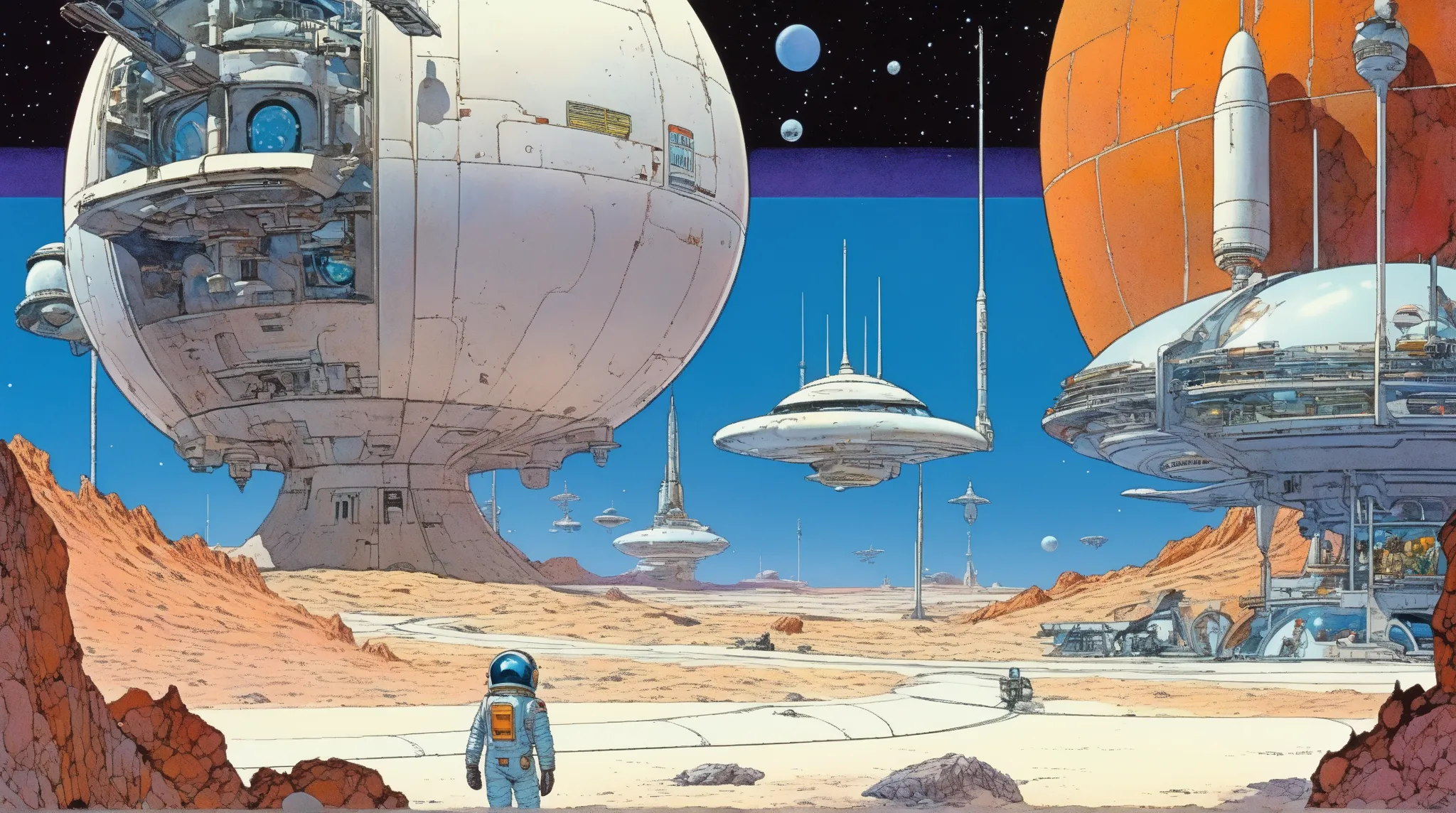 Moebius (Jean Giraud) Style - A picture by Jean Giraud Moebius, Space Station, Science fiction illustrations, Retro-future. Sci-fi illustrations , Impressive retro-future Space Station, galaxy, Distant nebulae, Package art, like Thunderbirds, Picture story...