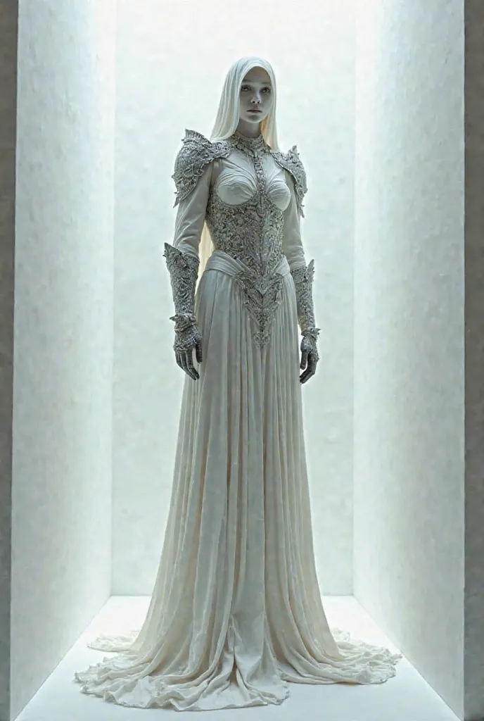 A person standing around in a white cubic room wearing armor and robe upside down