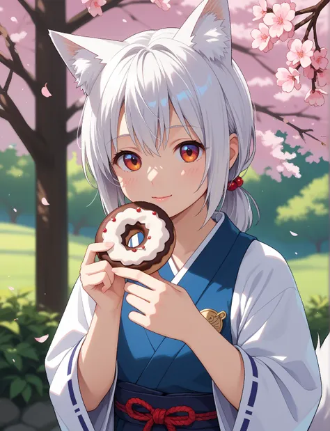 Hi-Res、8k、Ghibli style drawn down to the smallest detail、cute girl、 Silver Hair、holding doughnuts、 fox ears、Tail、Soft Light、An inspiring atmosphere、Kinoshita with cherry blossom trees