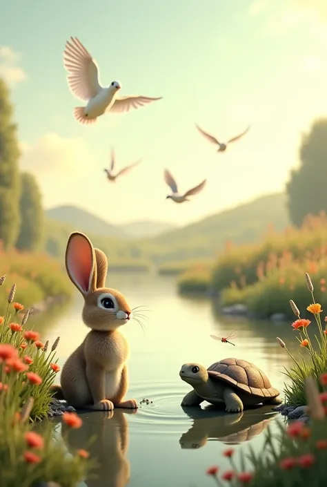 I want a video of a fairy tale with a rabbit and a turtle standing by a river, with birds flying