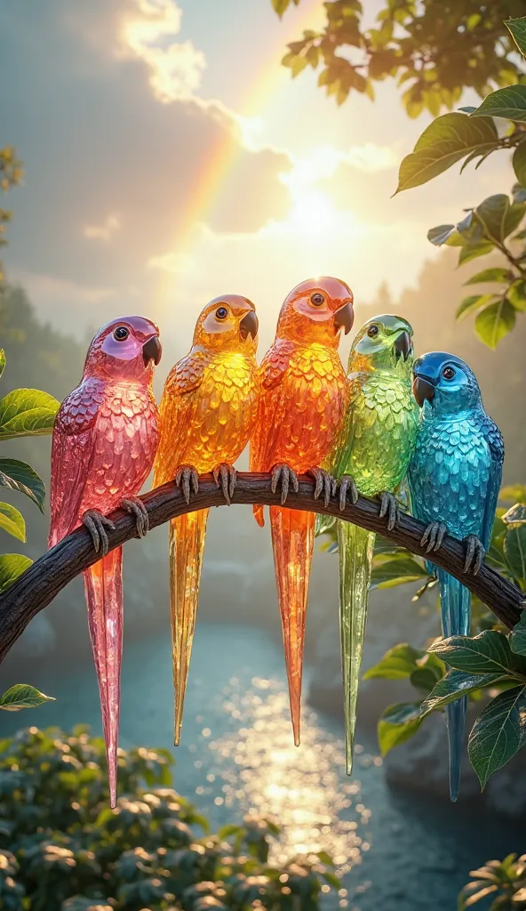 A mesmerizing group of seven crystal parrots perched on intertwined branches, illuminated by soft golden sunlight. Each parrot is sculpted from delicate translucent glass, with intricate details capturing their natural beauty. Their bodies shimmer in vario...