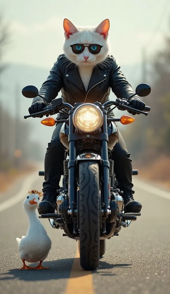 4th Image: The White Cat on a Bullet Bike

Scene: A sleek, white cat with striking blue eyes and a confident yet kind demeanor arrives on a polished black Bullet bike. The cat wears a stylish black leather jacket, fingerless gloves, and a pair of dark sung...