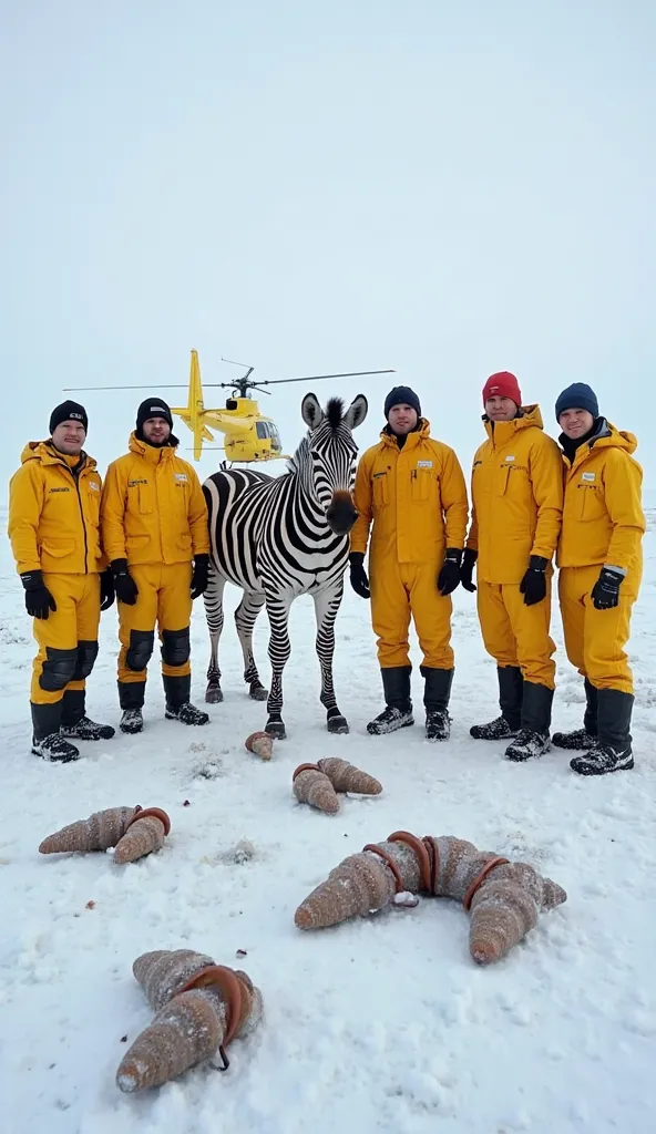 Six workers in yellow uniforms stand alongside a zebra in a vast, snow-covered landscape. The ground is scattered with sea snails that were previously attached to the zebra. In the background, a yellow helicopter stands still, contrasting against the froze...