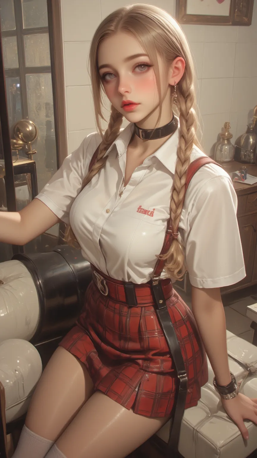 . This amazing masterpiece gets 9 points，an 18-year-old girl with blonde hair、double braids、red plaid skirt and blue eyes。The scene shows in soft colors、is characterized by high contrast and expressive lighting Color。 She was wearing a white shirt ，with wh...