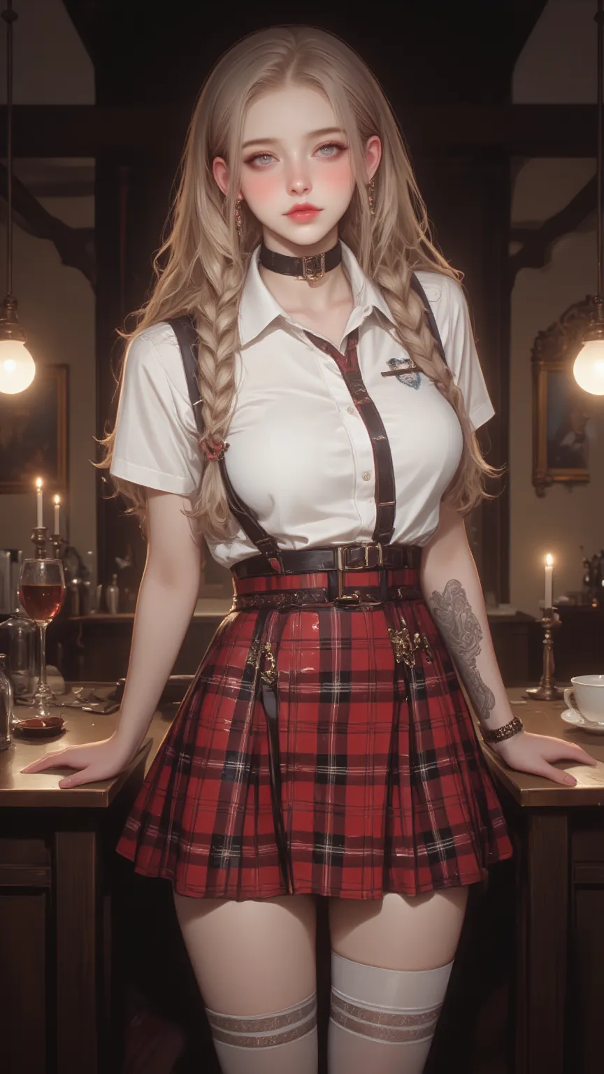 . This amazing masterpiece gets 9 points，an 18-year-old girl with blonde hair、double braids、red plaid skirt and blue eyes。The scene shows in soft colors、is characterized by high contrast and expressive lighting Color。 She was wearing a white shirt ，with wh...