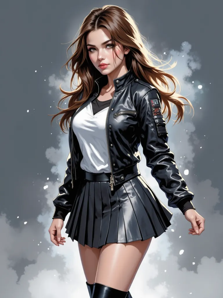 drawing, sexy girl 20 years old, brunette, long hair, black leather jacket, short pleated skirt, stockings, dynamic pose, watercolor gray background, heavy brush strokes, bright spots, high quality parts