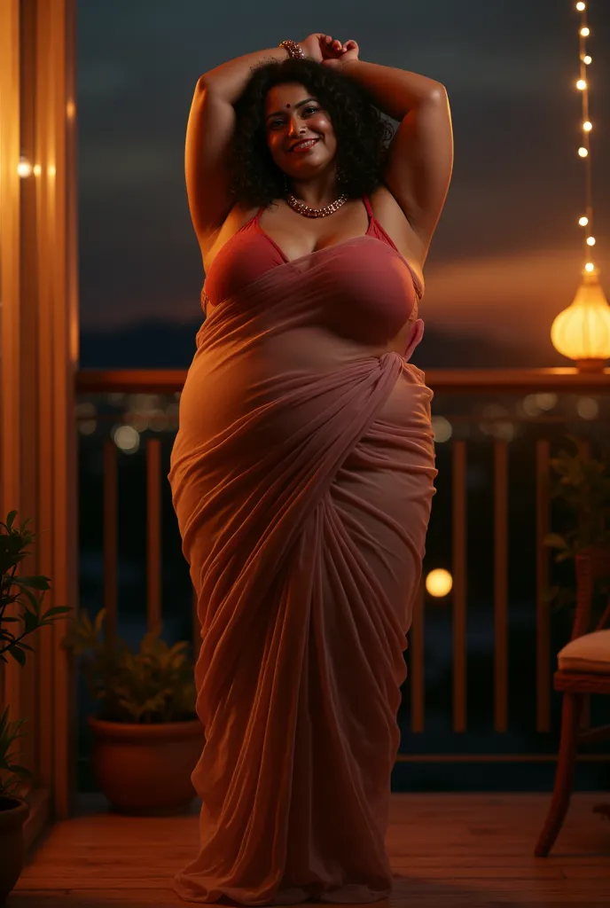 a plus size curvy Indian mature mom, voluptuous figure, extremely detailed, dressed in camisole and transparent saree,standing sexy pose, arms raised, detailed background of balcony, evening, sunset light and dark, dramatic lighting, (best quality,4k,8k,ma...