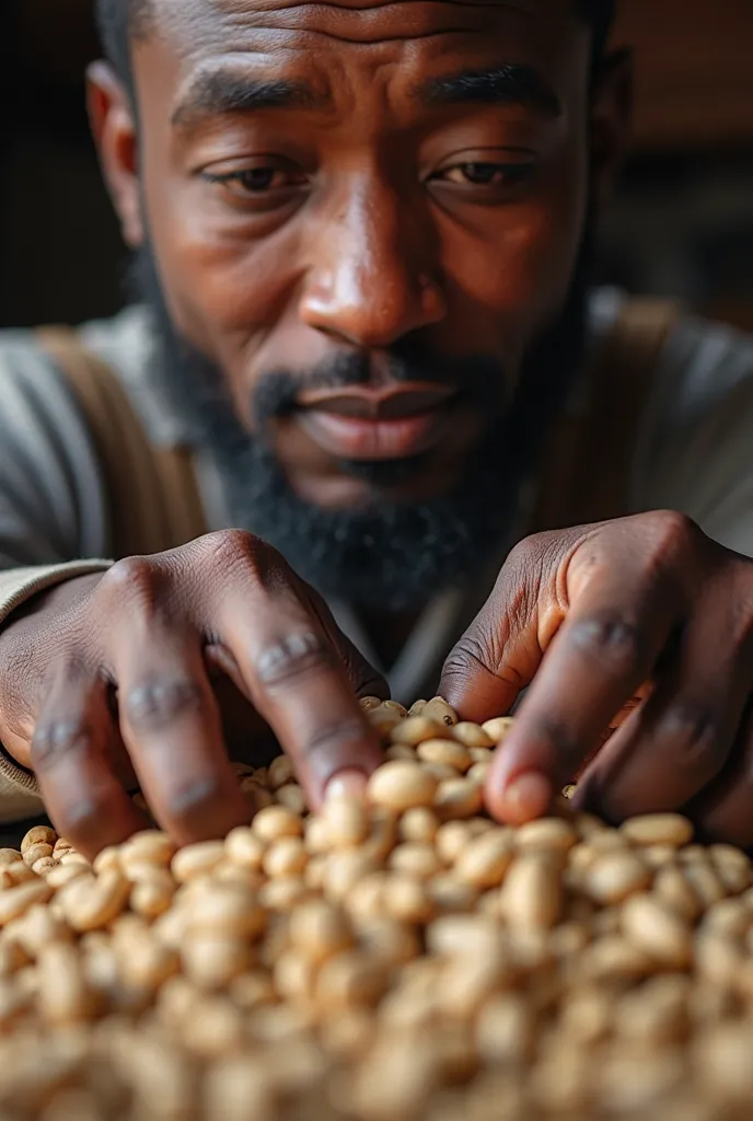 Close-up of the hands of an Angolan worker, carefully sorting out unroasted light-colored coffee beans or checking their quality.

Extra: An emotional portrait of an employee with warm, with sincere eyes.